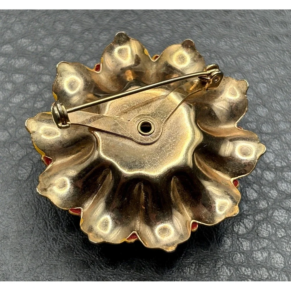 Vintage Red and Yellow Enamel Zinnia Flower Brooch Pin Gold Tone Mod Pop Art